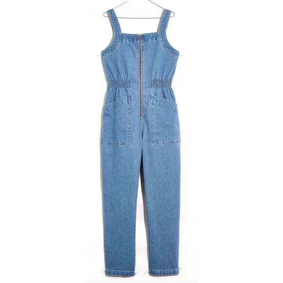 Madewell Smock Waist Denim Jumpsuit Pantsuit Overalls Zip up Blue Jeans Medium - Picture 1 of 12